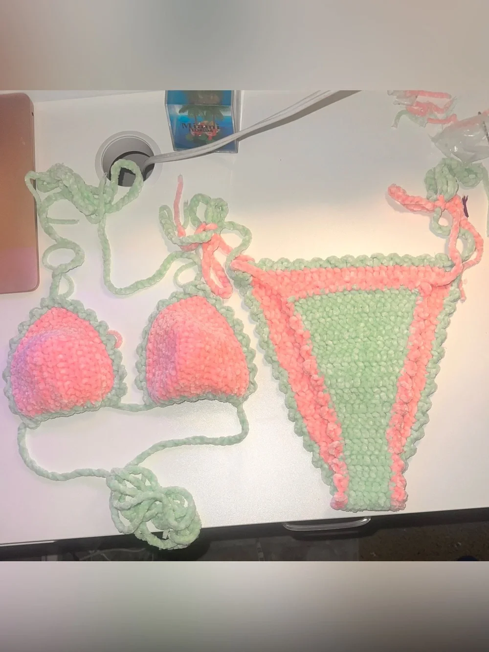 Handmade Crochet Bikini/Dancer Set in Mint Green & Coral Pink